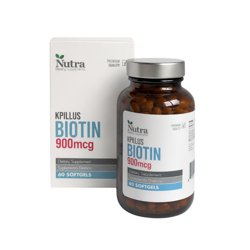 Nutra Kpillus Biotin 900mcg — frasco y caja